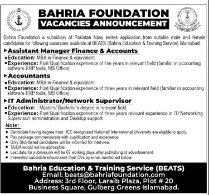 Bahria Foundation Jobs